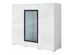 Vitrine alta moderna 120 cm para sala 3 portas corpo branco mate e frentes branco brilho