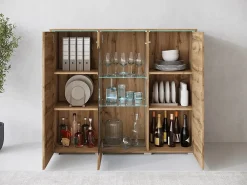 Vitrine alta moderna 120 cm para sala 3 portas carvalho wotan mate