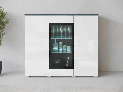 Vitrine alta moderna 120 cm para sala 3 portas corpo matera mate e frentes branco brilho