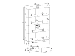 Vitrine alta moderna com frente canelada, 104×166×39 cm, Preto / Carvalho Wotan