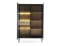 Vitrine alta moderna com frente canelada, 104×166×39 cm, Preto / Carvalho Wotan