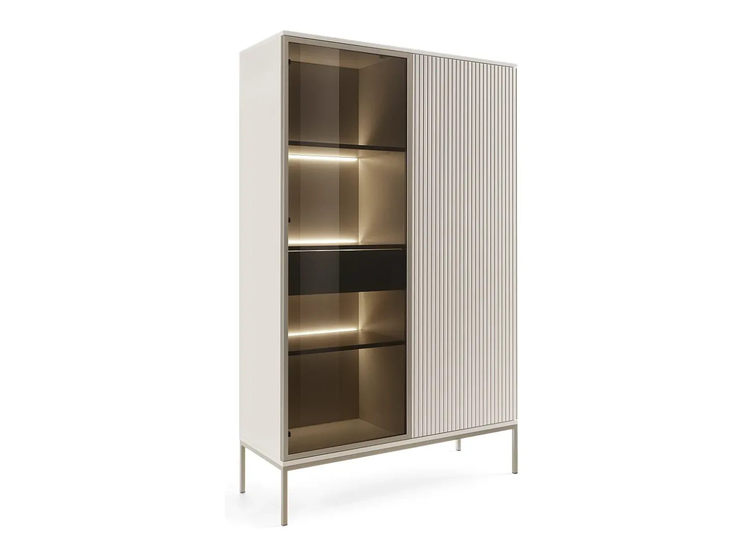 Vitrine alta moderna com frente canelada, 104×166×39 cm, Caxemira / Ouro