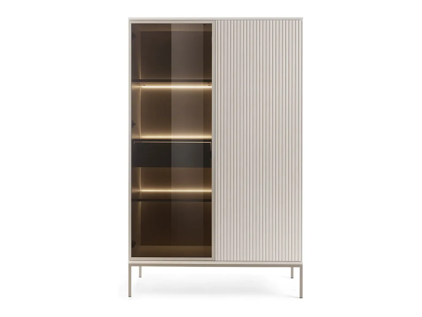 Vitrine alta moderna com frente canelada, 104×166×39 cm, Caxemira / Ouro