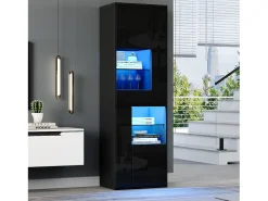Vitrine alto brilho 55x38x170 cm - 1 gaveta e 4 portas - com iluminação LED - Preto