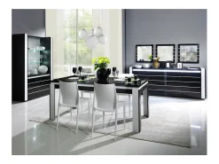 Vitrine armário LINA + LED nas cores preto e branco brilhante. Móvel design para sua sala de estar ou sala de jantar.