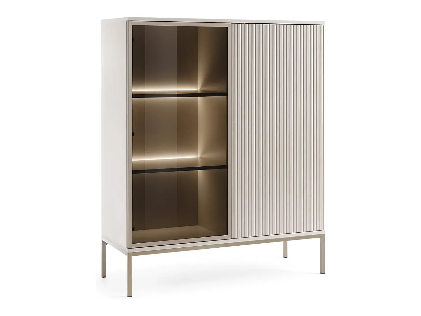 Vitrine baixa moderna com frente canelada, 104×126×39 cm, Caxemira / Ouro