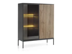 Vitrine baixa moderna com frente canelada, 104×126×39 cm, Preto / Carvalho Wotan