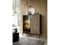 Vitrine baixa moderna com frente canelada, 104×126×39 cm, Preto / Carvalho Wotan