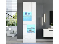 Vitrine branca com 1 gaveta, 4 portas e iluminação LED, prateleiras em vidro, 55x38x170 cm