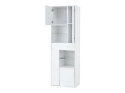 Vitrine branca com 1 gaveta, 4 portas e iluminação LED, prateleiras em vidro, 55x38x170 cm