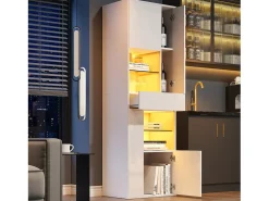 Vitrine branca com 1 gaveta, 4 portas e iluminação LED, prateleiras em vidro, 55x38x170 cm