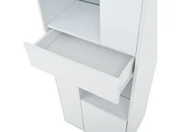 Vitrine branca com 1 gaveta, 4 portas e iluminação LED, prateleiras em vidro, 55x38x170 cm