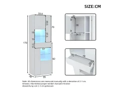 Vitrine branca com 1 gaveta, 4 portas e iluminação LED, prateleiras em vidro, 55x38x170 cm