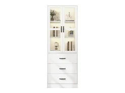 Vitrine branca com 3 gavetas, 2 portas de vidro e luzes LED, prateleiras ajustáveis