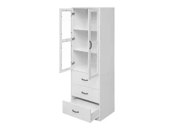 Vitrine branca com 3 gavetas, 2 portas de vidro e luzes LED, prateleiras ajustáveis