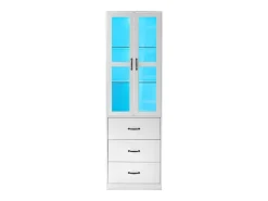 Vitrine branca com 3 gavetas, 2 portas de vidro e luzes LED, prateleiras ajustáveis