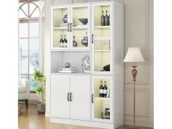 Vitrine branca com 2 portas, 4 portas de vidro e luzes LED, puxadores pretos
