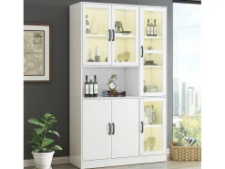 Vitrine branca com 2 portas, 4 portas de vidro e luzes LED, puxadores pretos