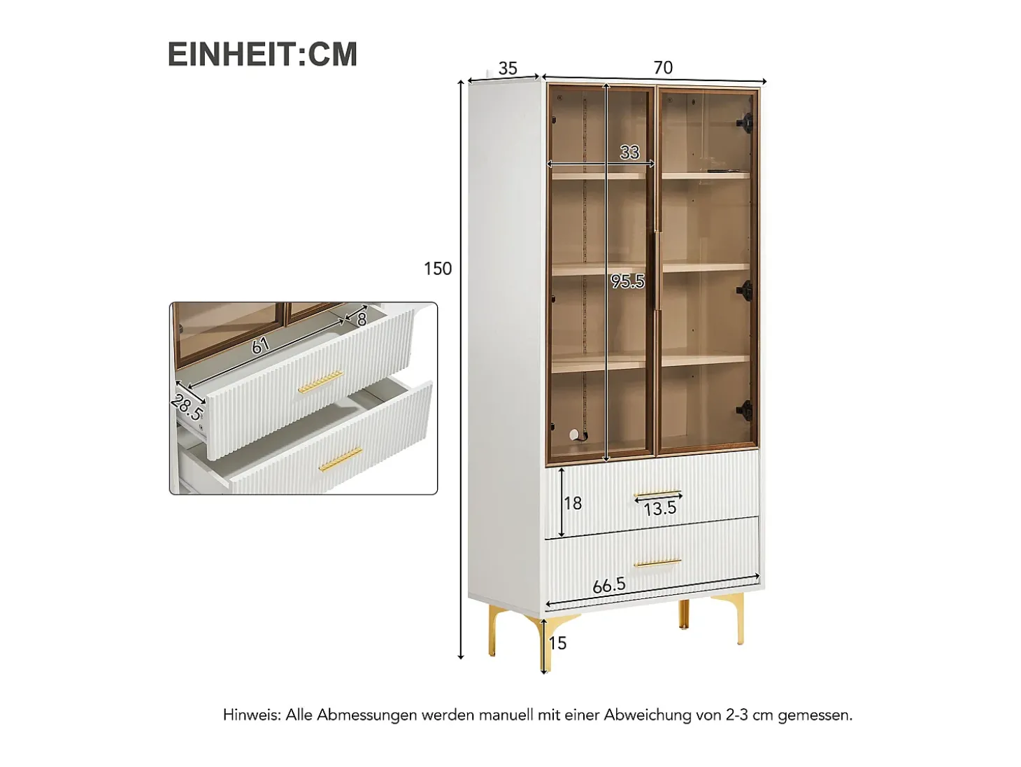 Vitrine branca com 2 portas de vidro marrom e 2 gavetas, LED incluso - 70x35x150cm