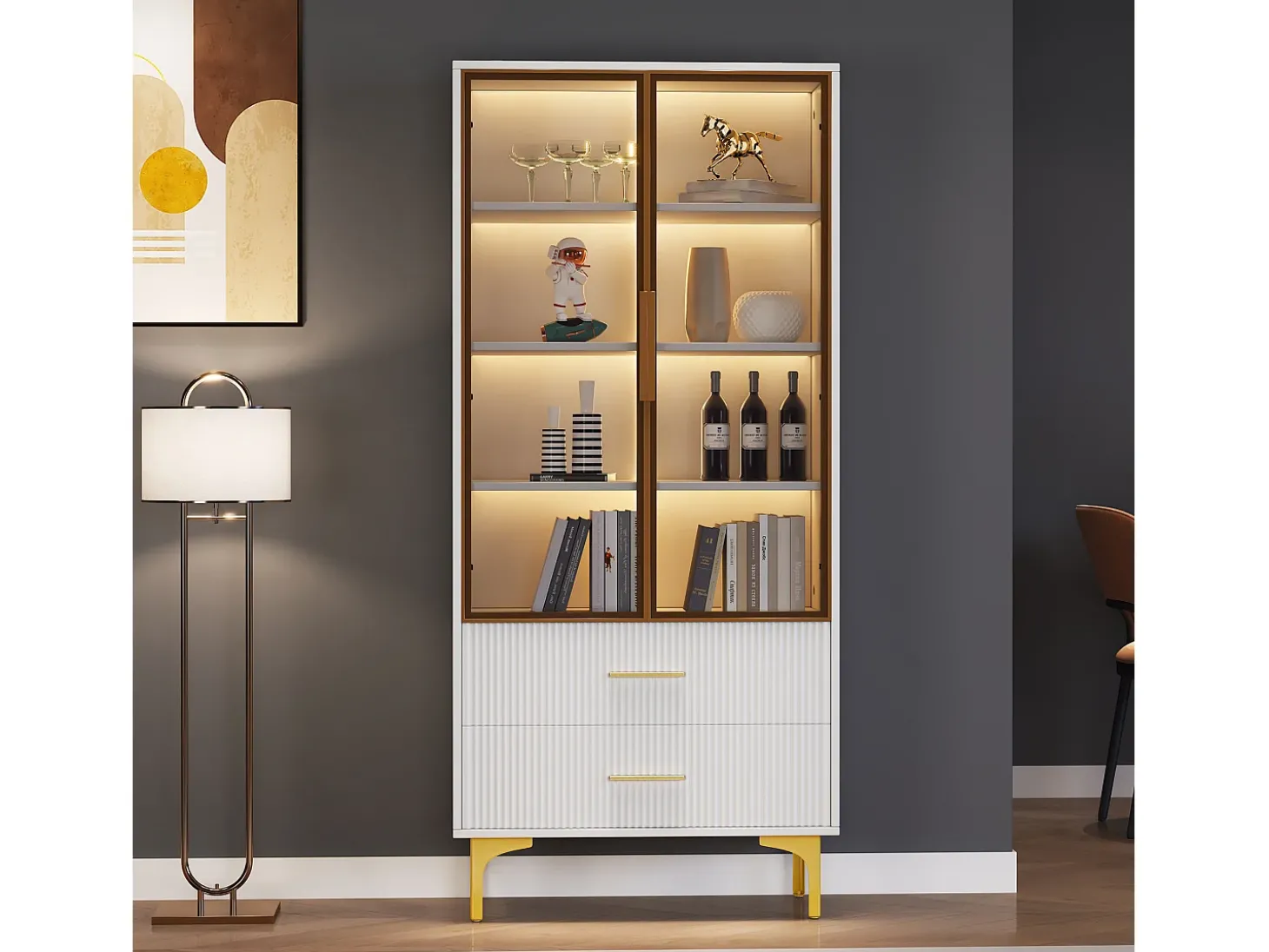 Vitrine branca com 2 portas de vidro marrom e 2 gavetas, LED incluso - 70x35x150cm