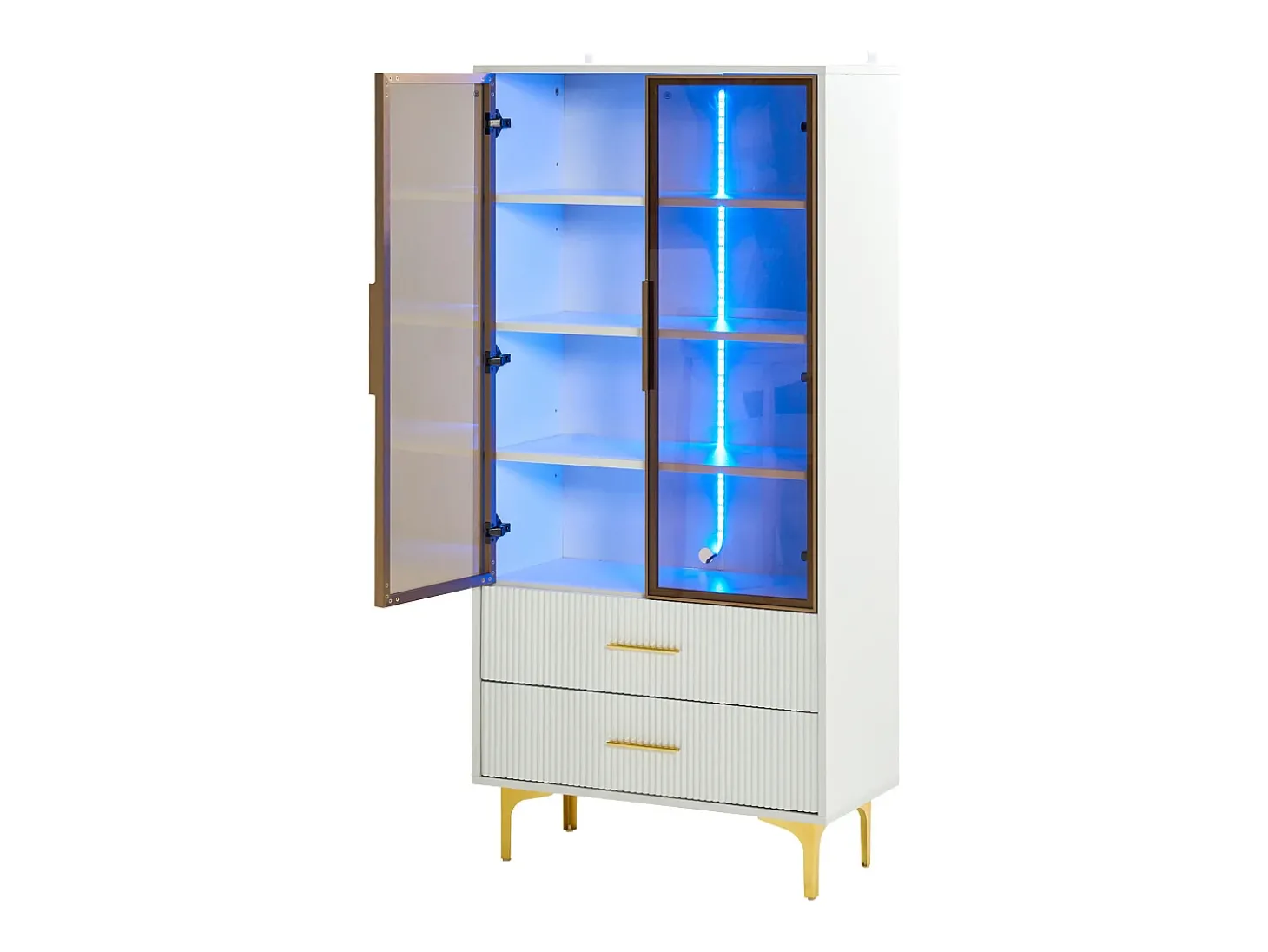 Vitrine branca com 2 portas de vidro marrom e 2 gavetas, LED incluso - 70x35x150cm