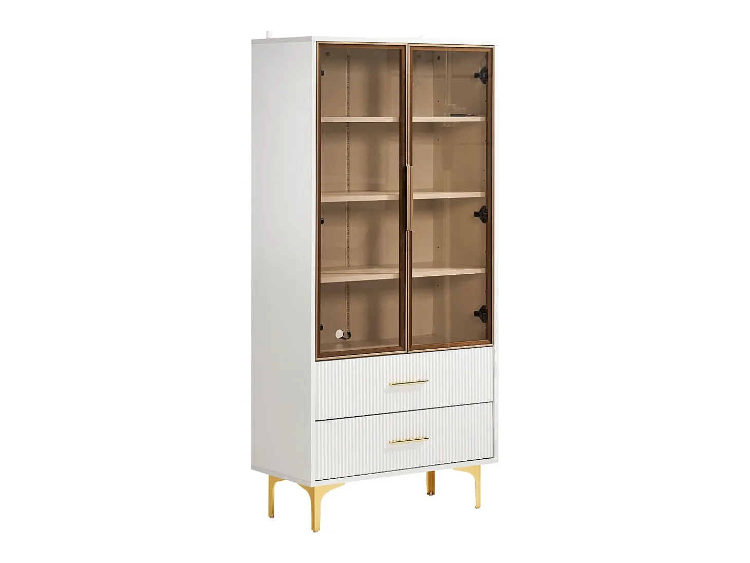 Vitrine branca com 2 portas de vidro marrom e 2 gavetas, LED incluso - 70x35x150cm