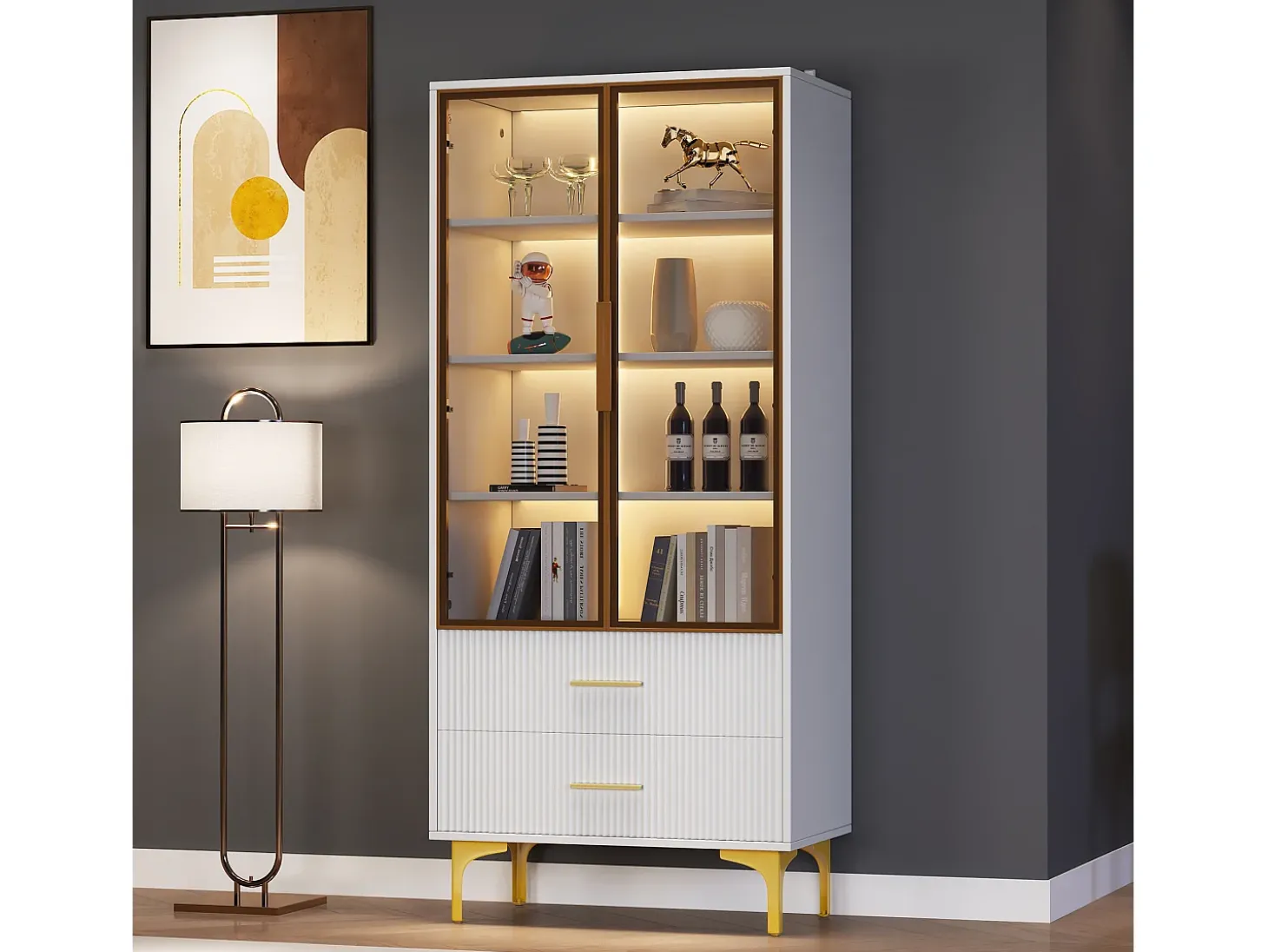 Vitrine branca com 2 portas de vidro marrom e 2 gavetas, LED incluso - 70x35x150cm