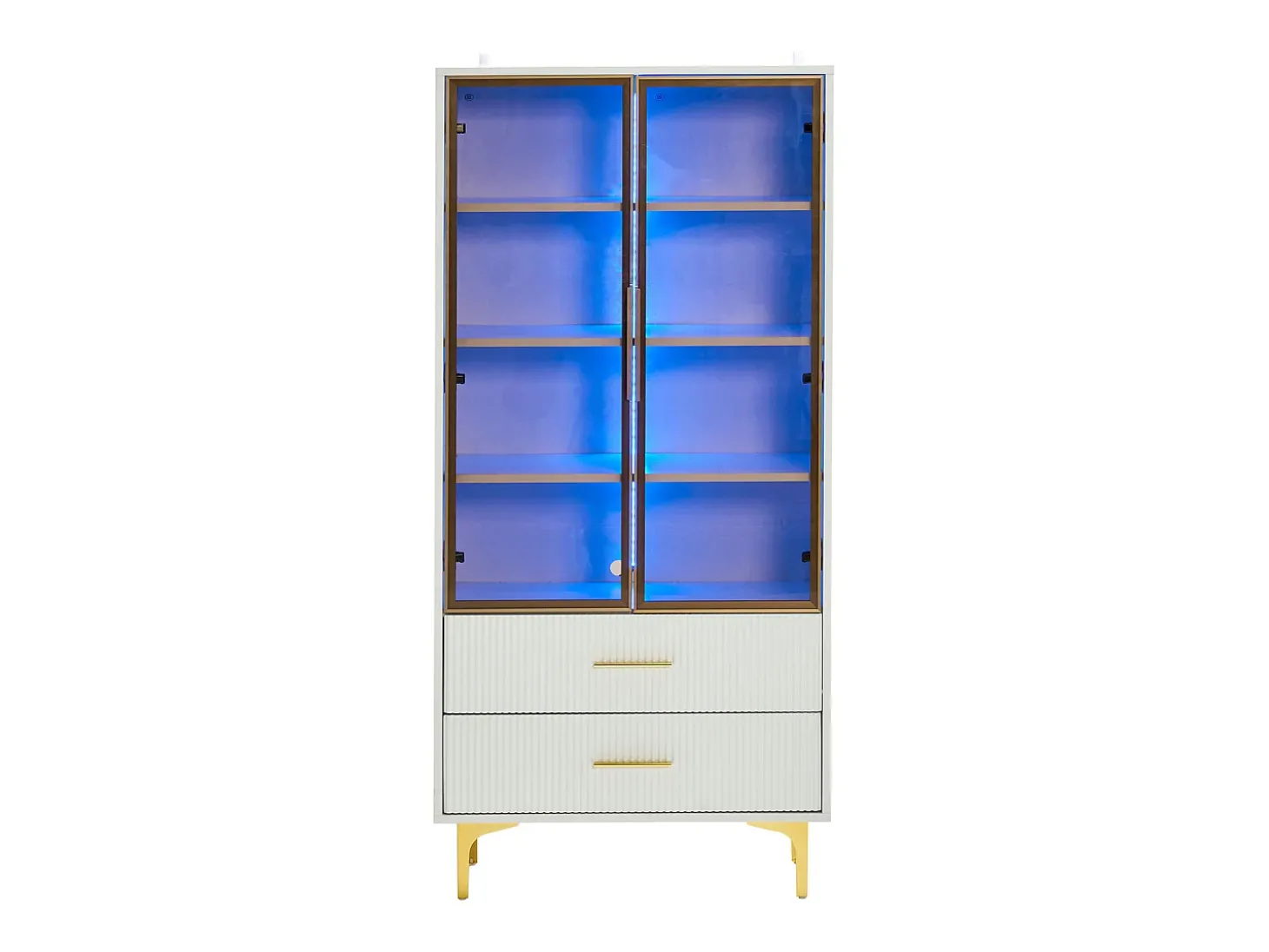 Vitrine branca com 2 portas de vidro marrom e 2 gavetas, LED incluso - 70x35x150cm