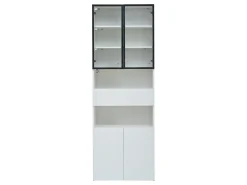 Vitrine branca com 2 portas, 2 portas de vidro, gaveta e luzes LED, aglomerado