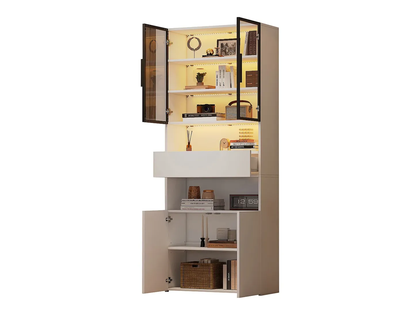 Vitrine branca com 2 portas, 2 portas de vidro, gaveta e luzes LED, aglomerado