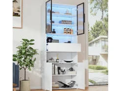 Vitrine branca com 2 portas, 2 portas de vidro, gaveta e luzes LED, aglomerado