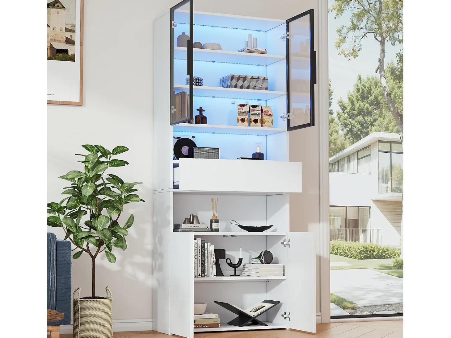 Vitrine branca com 2 portas, 2 portas de vidro, gaveta e luzes LED, aglomerado