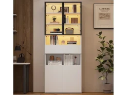 Vitrine branca com 2 portas, 2 portas de vidro, gaveta e luzes LED, aglomerado