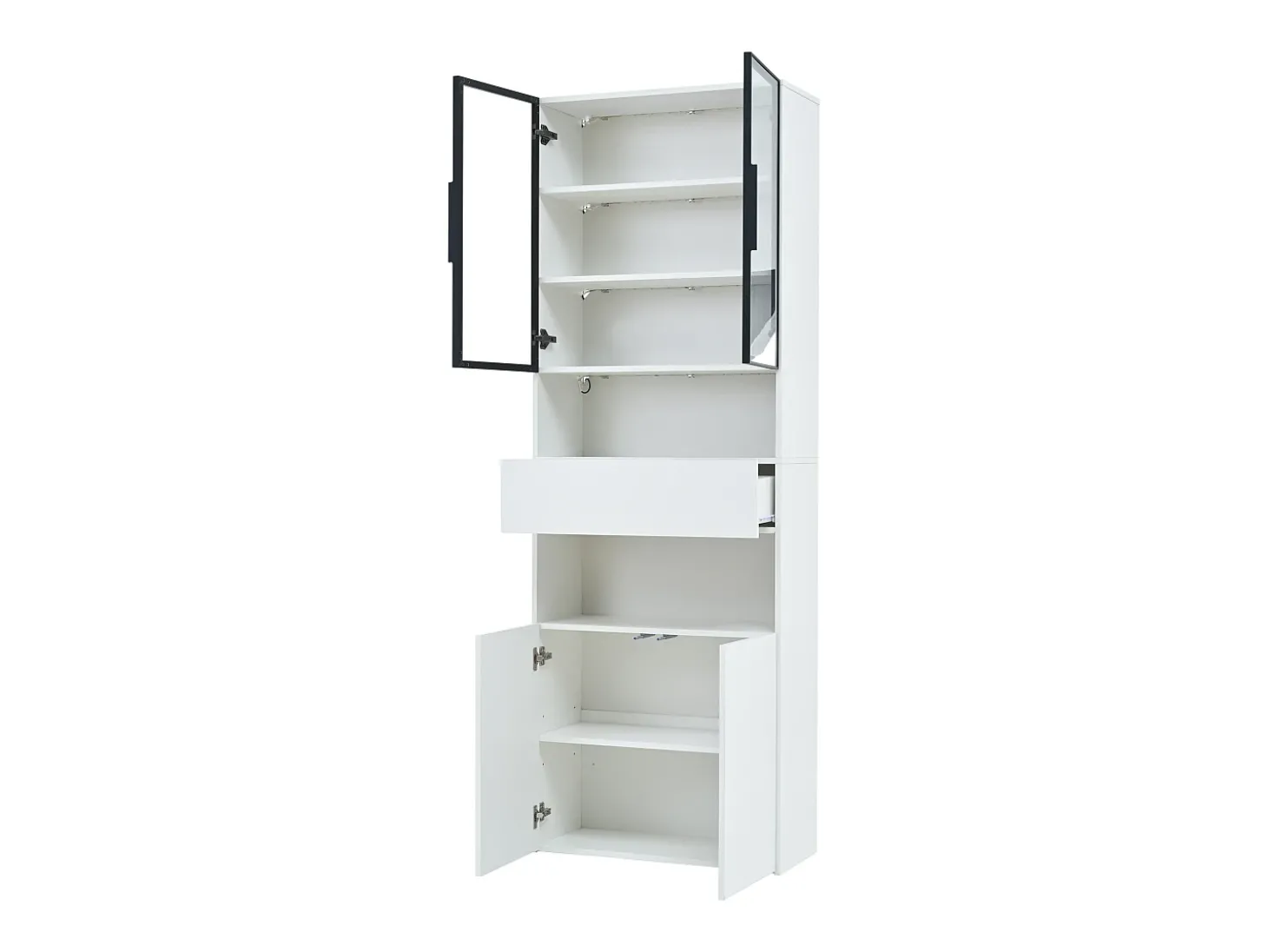 Vitrine branca com 2 portas, 2 portas de vidro, gaveta e luzes LED, aglomerado