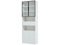 Vitrine branca com iluminação LED - Vitrine com 2 portas de vidro e 2 portas de madeira - 1 gaveta e espaço de arrumação aberto