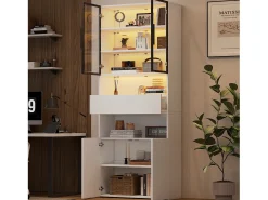 Vitrine branca com iluminação LED - Vitrine com 2 portas de vidro e 2 portas de madeira - 1 gaveta e espaço de arrumação aberto