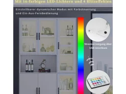 Vitrine branca com iluminação LED e portas para armazenamento em sala de estar/quarto.