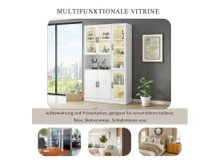 Vitrine branca com iluminação LED e portas para armazenamento em sala de estar/quarto.