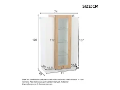 Vitrine branca 74x40x120cm com 3 portas, sendo 1 de acrílico, prateleiras de vidro, LED incluso