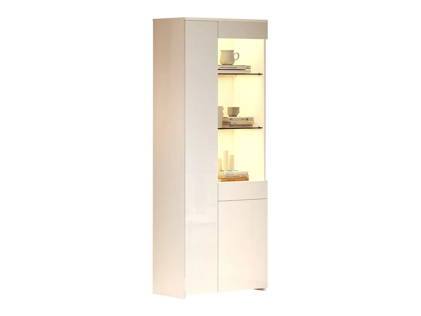 Vitrine brilhante 70×35×180 cm - com iluminação LED - 2 portas e 1 gaveta - branco