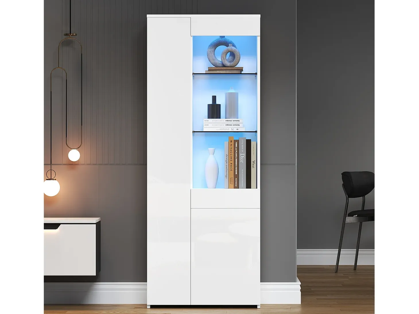 Vitrine brilhante 70×35×180 cm - com iluminação LED - 2 portas e 1 gaveta - branco