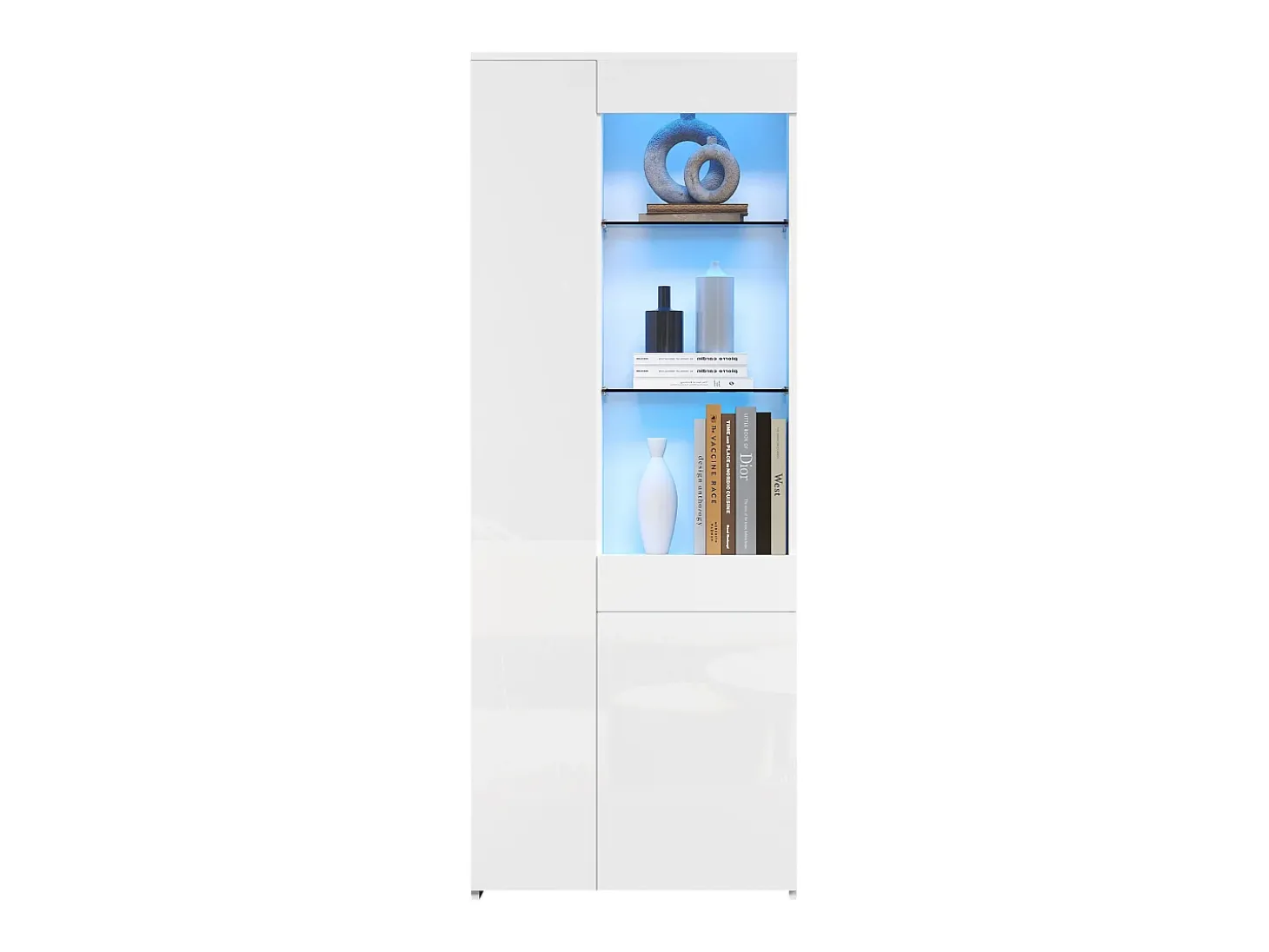 Vitrine brilhante 70×35×180 cm - com iluminação LED - 2 portas e 1 gaveta - branco