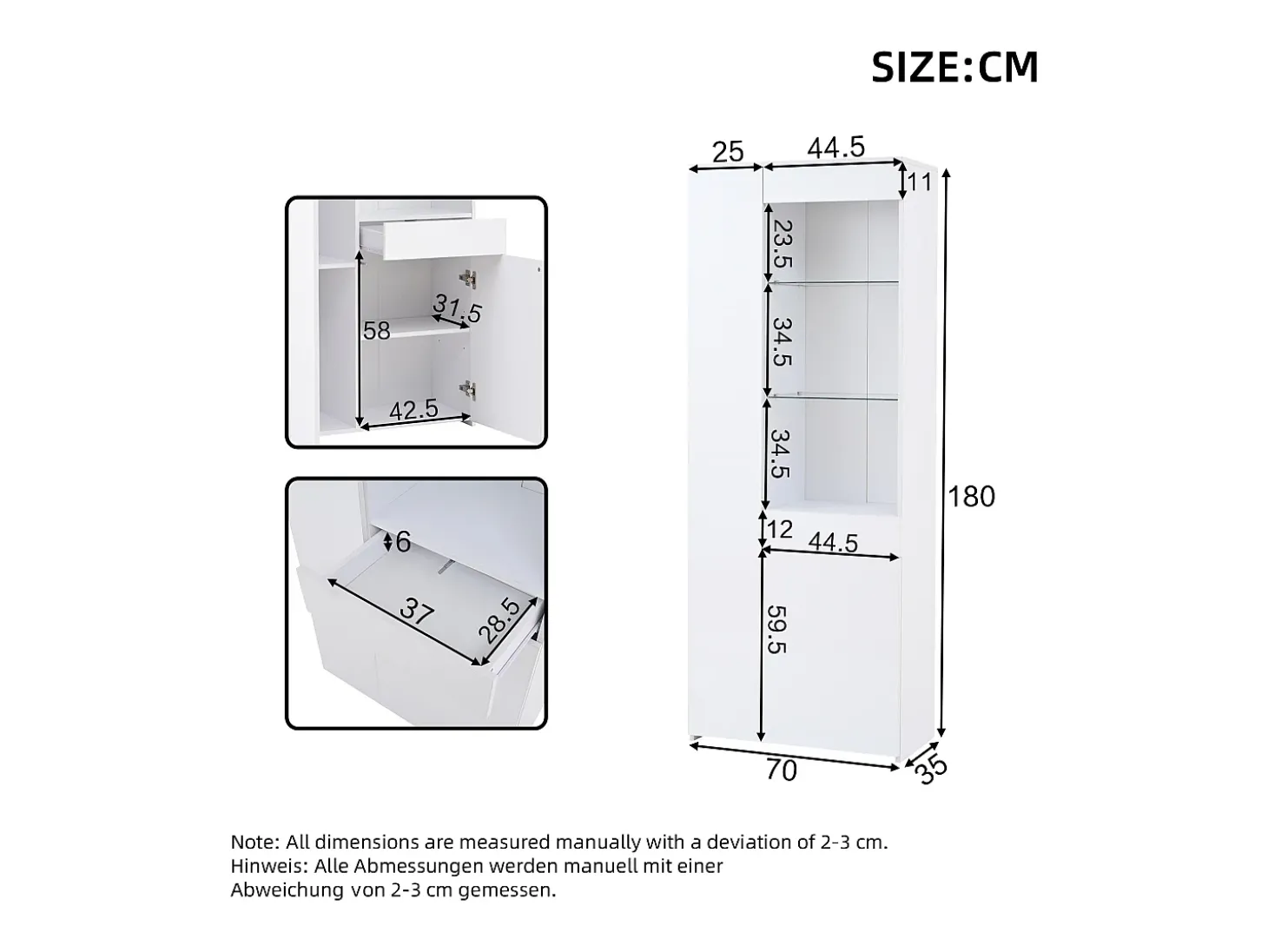 Vitrine brilhante 70×35×180 cm - com iluminação LED - 2 portas e 1 gaveta - branco