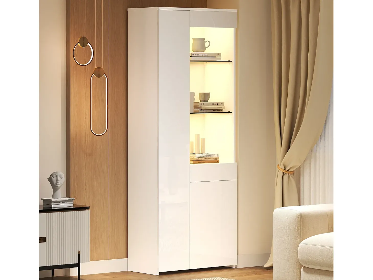 Vitrine brilhante 70×35×180 cm - com iluminação LED - 2 portas e 1 gaveta - branco
