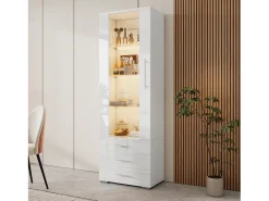 Vitrine brilhante - com LED - 3 gavetas e prateleiras - 60x35x180 cm - MDF - Branco
