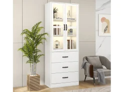 Vitrine com 3 gavetas e 2 portas de vidro - LEDs - Madeira MDF - lacado branco - 60 x 40 x 200 cm