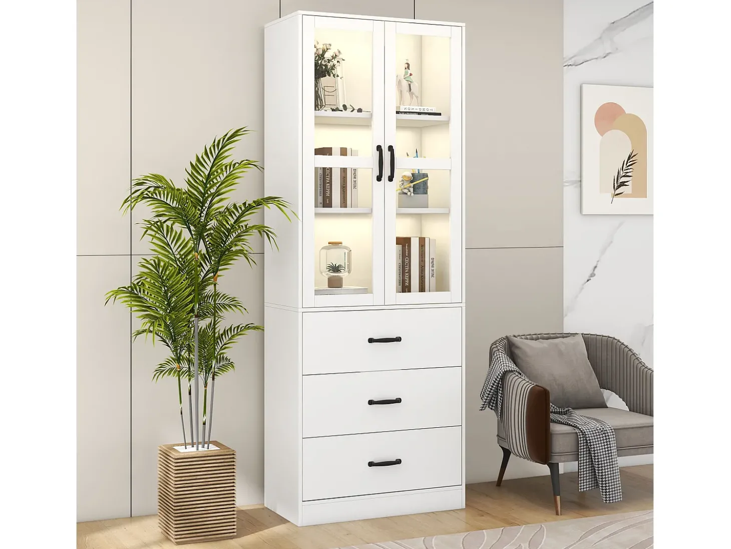 Vitrine com 3 gavetas e 2 portas de vidro - LEDs - Madeira MDF - lacado branco - 60 x 40 x 200 cm
