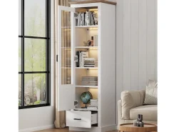 Vitrine com 1 porta de vidro e 1 gaveta - 50 x 35 x 178 cm - LEDs - Aglomerado e vidro - Branco