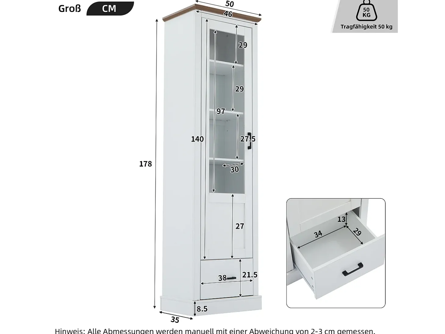 Vitrine com 1 porta de vidro e 1 gaveta - 50 x 35 x 178 cm - LEDs - Aglomerado e vidro - Branco