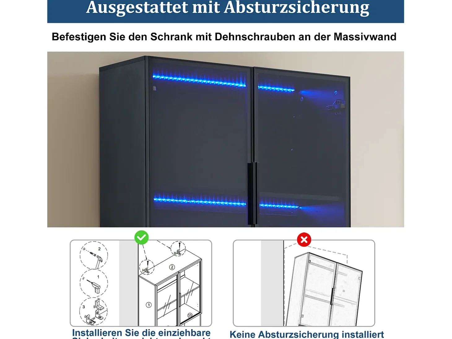 Vitrine com 8 portas - 160 x 30 x 200 cm - LEDs - Aglomerado e vidro - Branco